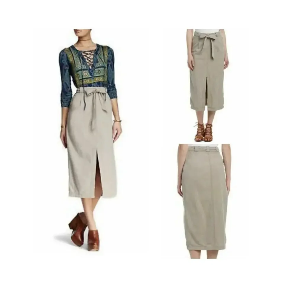Free People Womens Sz 2 Linen Cotton Midi Skirt Mushroom Belted Front Slit Boho